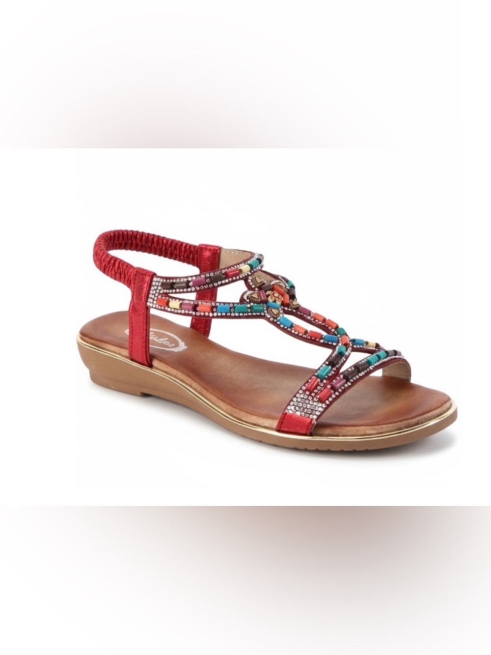 Italina Bohemian Red Beaded T-Strap Low Wedge Slingback Sandals
